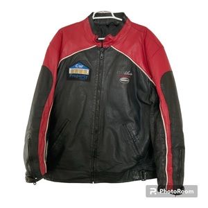 Burks Bay Cafe Racer Mens XL Black Red Leather Zip Sleeve Cuffs Jacket Patches